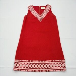 Kate Spade Sleeveless Linen Dress‎ Womens 2 Red White Embroidered Shift Boho Zip